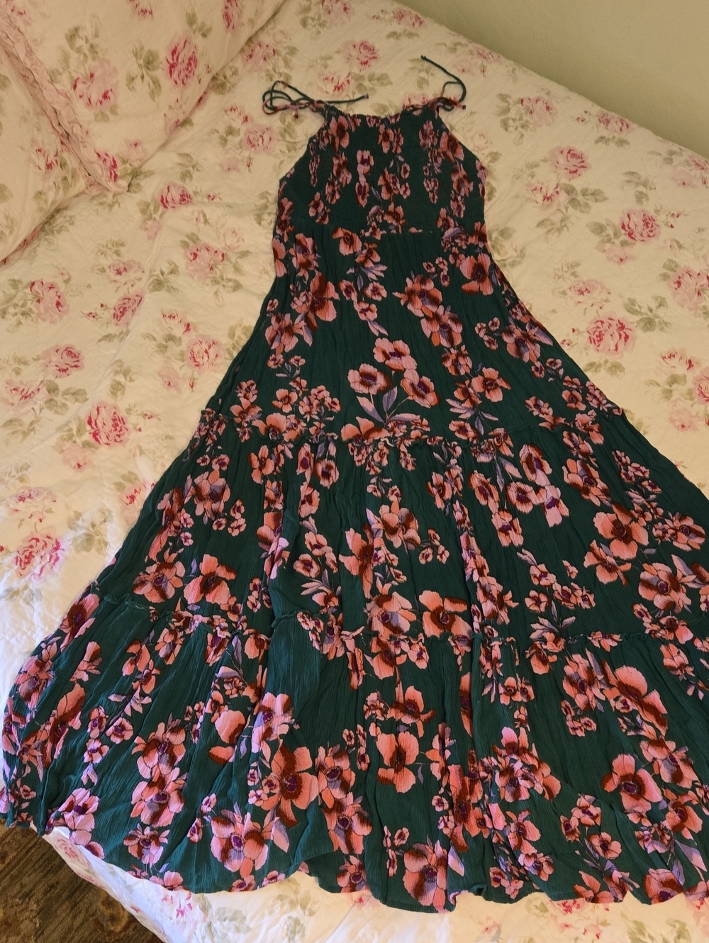Free People Forest Green Maxi Dress with Pink Floral Print